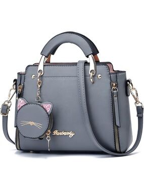 Stylish Gray Women's Satchel Handbag with Cat Charm